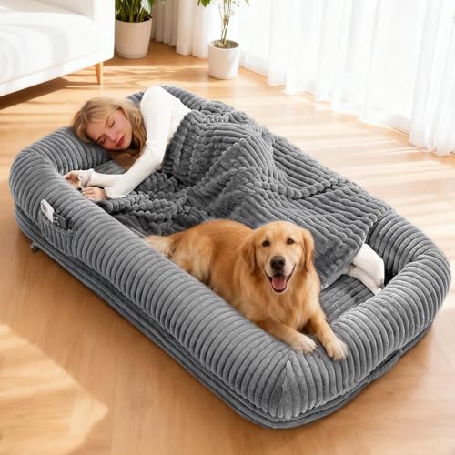 OtterOasis Foldable Human Dog Bed for Adult, Fluffy Faux Angora Human Sized Pet Bed with Blanket, Orthopedic Dog Bed with Egg Foam and Water Repellent Liner