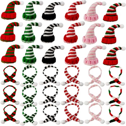 YOOHUA 36PCS Mini Santa Hats & Christmas Scarf Set Small Knit Hat Scarf for Crafts Dolls Knitted Ornaments Xmas Tree Accessory DIY Craft Art Toy Decorations