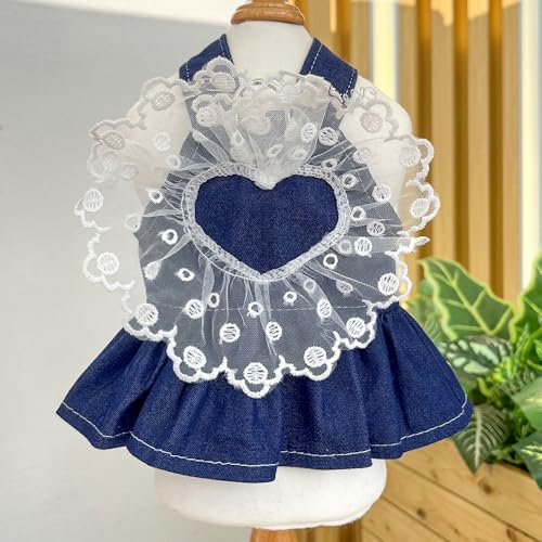 Spring Summer Pet Dog & Cat Princess Dress - Denim Dress with Lace Love Heart for Small & Medium Pet