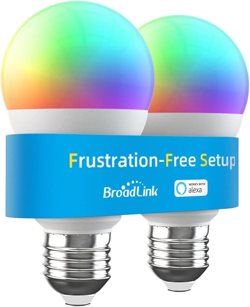 Broadlink Smart Light Bulbs, Frustration-Free Setup (FFS) Works with Alexa Only, BLE Mesh, 9W 800LM Color Changing A19 E26 LED (2-Pack) Broadlink Smart Light Bulbs, Frustration-Free Setup (FFS) Works with Alexa Only, BLE Mesh, 9W 800LM Color Changing A19 E26 LED (2-Pack)