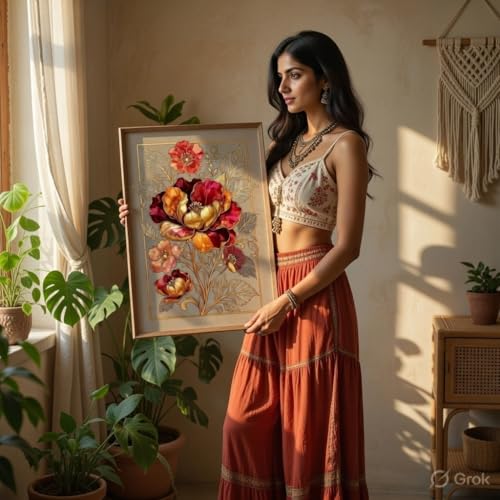 Image of SAF Golden Floral Wall Painting with Wooden Frame | Luxury Flower Artwork HD Wall Decor | Elegant Botanical Wall Art for Living Room Bedroom Office Home Decoration 13.5 Inch x 19.5 Inch