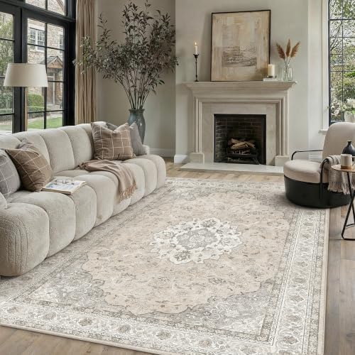PureCozy Teppich Wohnzimmer 200x300cm Vintage Waschbarer Tepich,Beige | Rutschfest Kurzflor,Weich Teppiche,Wohnzimmerteppich,Schlafzimmer,Esszimmer,Büro,Kinderzimmer