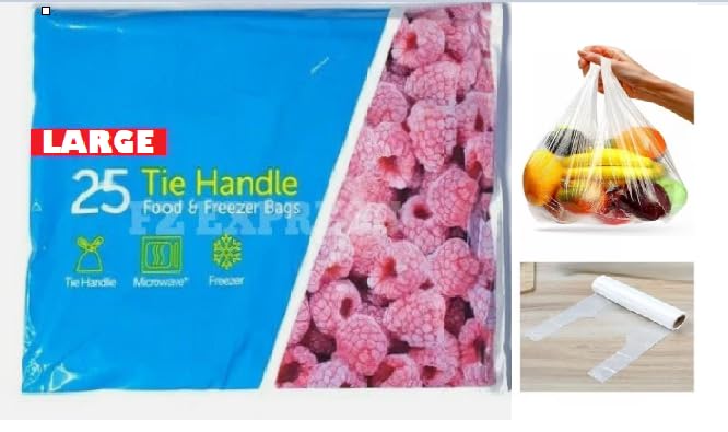 Food Freezer Bags with Tie Handles and Writable Panel | Extra Strong, Microwave Safe, Food Storage, Sandwich Bags, For Freezing (WHITE, L, 25)