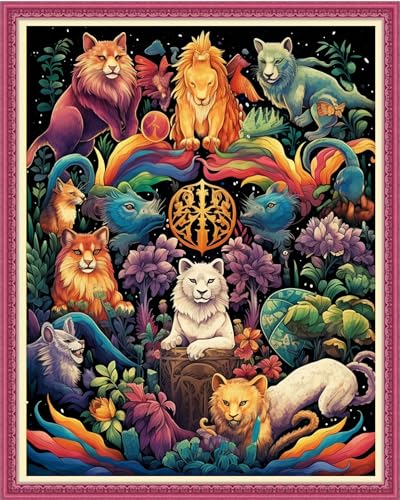 Image of Joyhoor Cross Stitch Kits for Beginners Stamped Cross-Stitch Supplies Needlework preprint Embroidery Kits for Adults DIY Needlepoint Kits Embroidery Patterns 11CT-Animal Kingdom 16.x20 inch