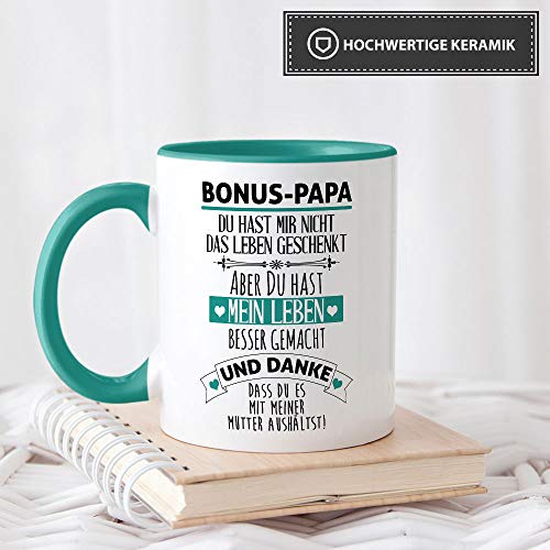 Tasse mit Spruch - Danke Bonus Papa - Kaffeetasse/Spruchtasse/Bester Stiefpapa/Geschenk Stiefvater - Innen & Henkel Türkis