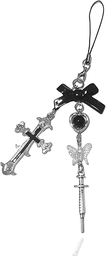 Meefisher Dije de teléfono vintage Y2K de cruz gótica, accesorios de Halloween, cordón estético de mariposa con corazón para decoración de bolso y