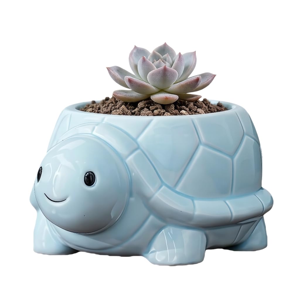 SJBAG Turtle Shaped Ceramic Succulent Planter with Drainage Holes, Hand - Painted Animal Pot for Indoor Cactus & Succulents, Unique Home Decor & Gift (Blue) — image 1