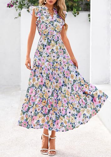 Image of PRETTYGARDEN Women's 2026 Summer Floral Midi Dress Cap Sleeve V Neck Ruffle Long Flowy Boho Casual Beach Vacation Dresses