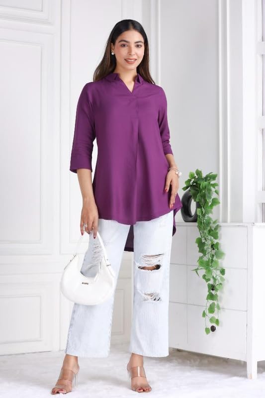 Image of Mlada Rayon Flare Top for Women | 3 /4th Sleeve Regular Fit and Flare Top | Women Office Tops Tunic | Western Long Shirt Top for Women | Shirt Collar Top for Women | Rayon Tunic Tops for Women Western