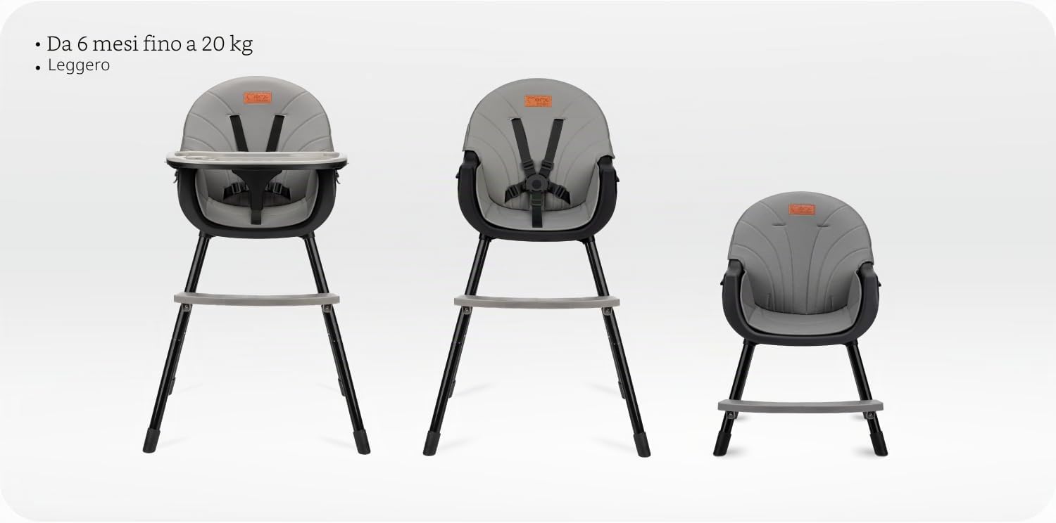 MoMi Seggiolone Pappa Evolutivo 3 in 1 - Sedia Evolutiva per Bambini da 6 a 36 Mesi - Cinture di sicurezza, Rivestimento in ecopelle, Poggiapiedi, Portabicchiere, Gioco con Ventosa - Nero