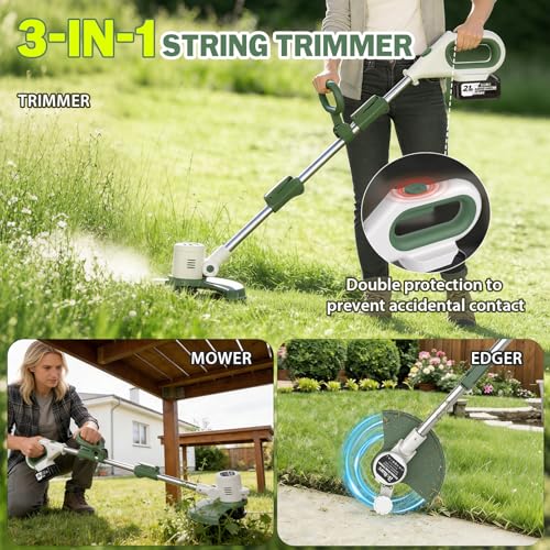 Image of 21V 3-in-1 Cordless Weed Wacker Eater-Weeding /Trimming /Lawn Mower, with 8 Replace Auto Line Feed, Electric Grass Trimmer for Garden, Lawn, 120 Mins of Non-Stop (2x4.0 mAh Battery Included)