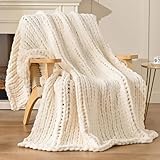 Esterra Chunky Knit Blanket Throw 60"x80", 100% Hand Knitted Chenille Throw Blanket, Cozy Soft Thick Cable Knit Throw Large Rope Knot Crochet Throw Blanket for Sofa Couch Bed, Ivory
