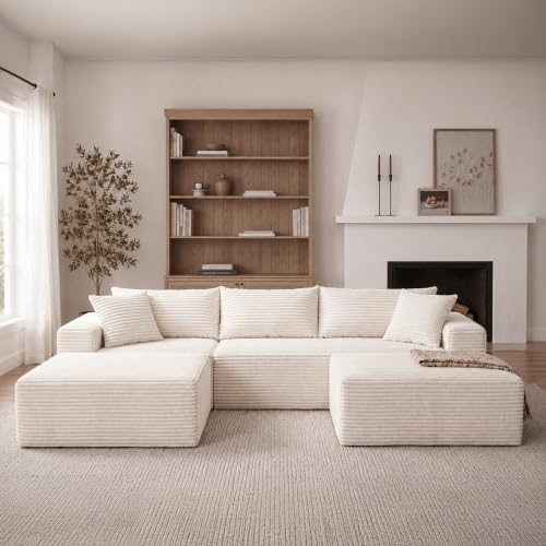 Image of Claiks 94 inch Boneless Couch, U-Shape Corduroy Sectional Sofa, Beige
