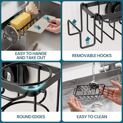 Image of TAILI 4-in-1 Sponge Holder for Kitchen Sink with Strong Suction Cup-Black | Removable Rustproof 304 Stainless Steel Multi-compartment Sponge Holder with Suction Cup, Keeps Brushes & Scrubbers Tidy