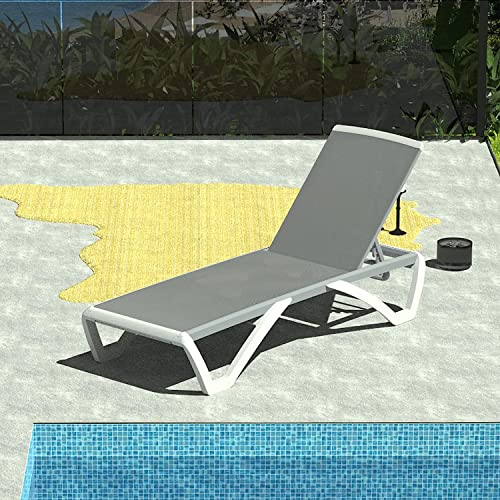 Image of Domi Outdoor Lounge Chair, Aluminum Patio Chaise Lounge with 5 Position Adjustable Backrest and Wheels, All Weather Reclining Chair for Patio, Yard, Balcony, Poolside (Grey)