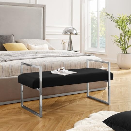 Upholstered Bench with Black Padded Seat and Chrome Metal Frame. | Silver Chrome Finish, Padded Seating, Modern Design, Open Frame Arms, Black Upholstery-image-40