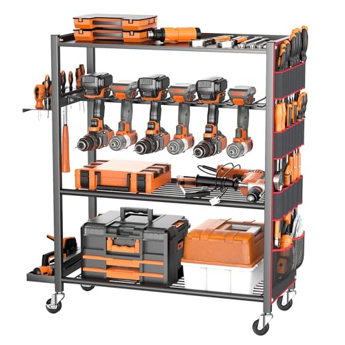 TORACK Rolling Power Tool Storage Cart 4-Tier Large Drill Organizer with Slots for 12 Drills Freestanding Cordless Tool Rack with Wheels for Garage & Workshop