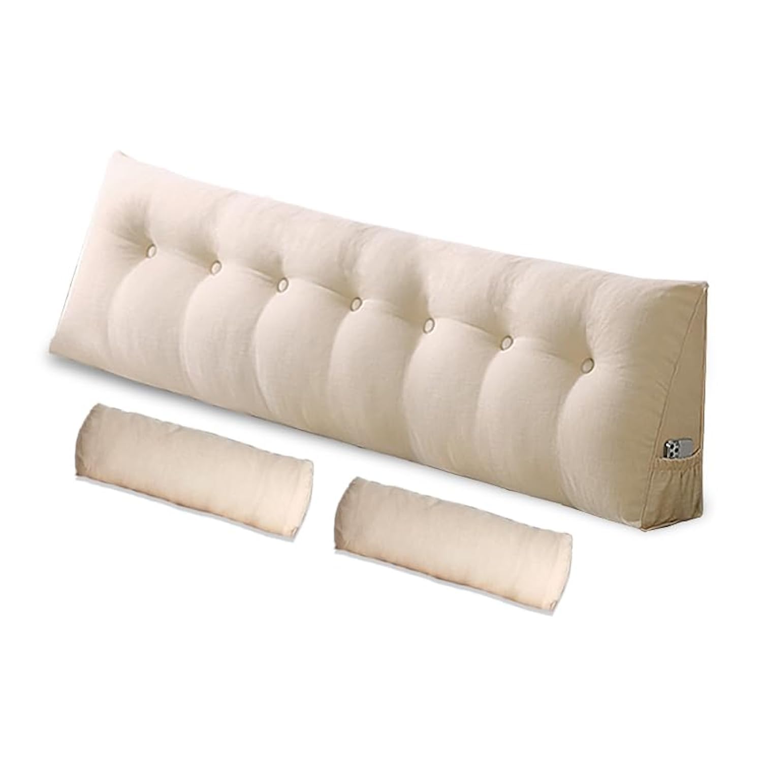 Wellty Care Headboard Pillow Queen Size, Triangular Wedge Backrest with Removable Head Roll & Side Pocket, 100% Linen Reading Pillow for Bed, Couch, Floor - Ergonomic Support for Neck, Back, Beige