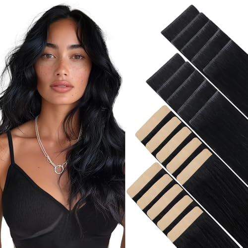 GOO GOO Invisi Edge Tape in Hair Extensions Human Hair, 1 Jet black 10pcs injected with 10pcs classical tape ins, 16inch 50g, Virgin Remy Hair, Natural Look