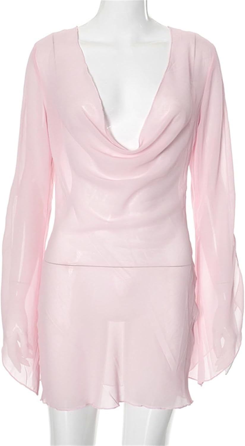 Women's Sheer Mesh Babydoll Nightgown Cowl Neck Backless Long Sleeve Dress Romantic Nights Sexy Sleepwear - Image 8