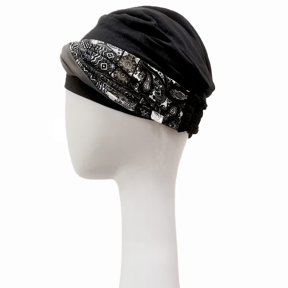 CAREBELL pañuelo oncológico modelo Elegance – diseño Paisley Black en bambú suave y transpirable, especial para quimioterapia, alopecia y pieles sensibles
