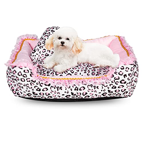 Gigreinc Dog Bed for Small Dogs – Cute Pink Leopard Dog Bed,Cat Beds for Indoor Cats Washable – Square Shape Cat Dog Sofa Bed Pet House Nest Cave(M, 20.8″L x 18″W x 5.5″）