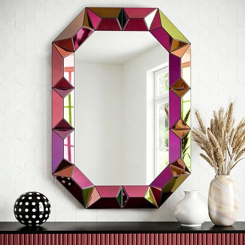 SHYFOY Modern Wall Mirror, 39" Decorative Accent Wall Mirror with Neon Finish, Geometric Iridescent Mirror for Bedroom, Entryway, or Living Room