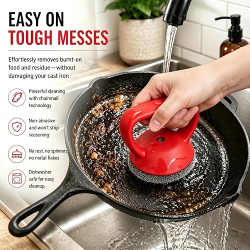 Image of Cast Iron Scrubber with Heavy Duty Handle, Cast Iron Cleaner Chainmail Cleaning Brush,Metal Chain Mail Scrubbing Pad Tool to Clean Grill,Skillet,Frying Pan, Wok,Dutch Oven, Safe Steel Scrubber Sponge