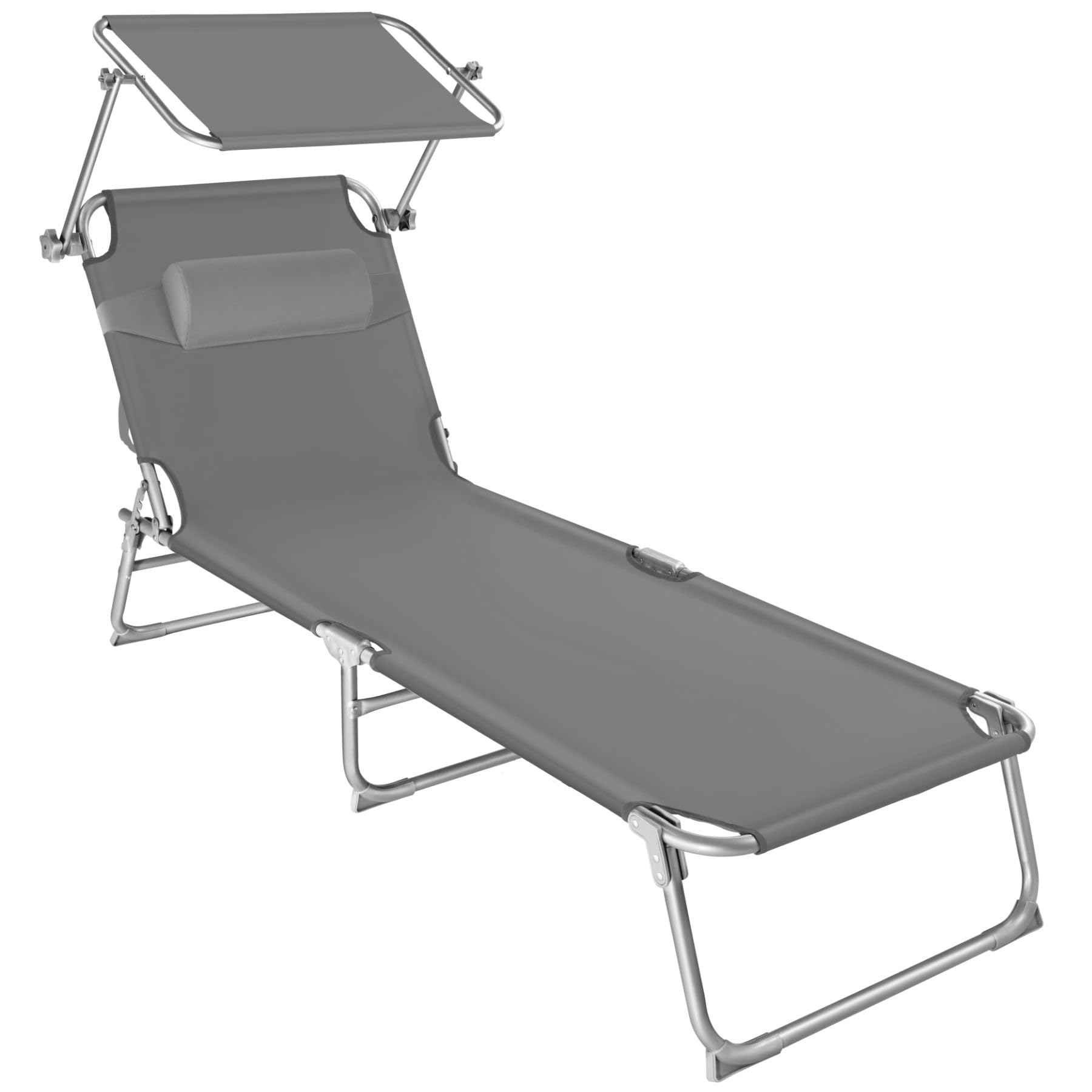 TecTake® Tumbona Plegable con Toldo y Respaldo Regulables, Tumbona Piscina con Reposacabezas y Parasol, Tumbona Playa Resistente a la Intemperie, Tumbonas Jardín Exterior, Carga Máx. 110 kg - Gris