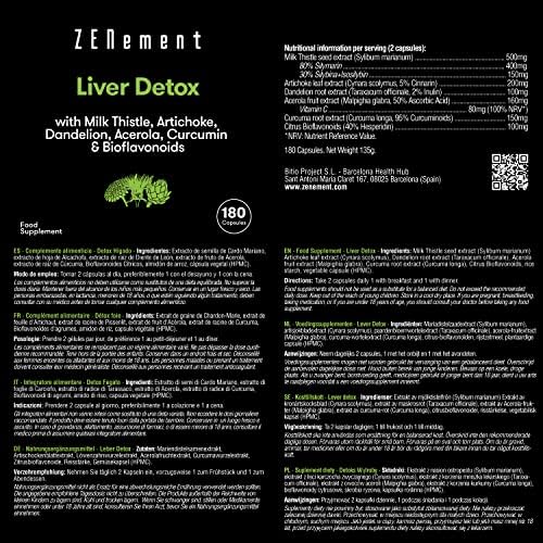Liver Detox, with Milk Thistle, Artichoke, Dandelion, Acerola, Curcumin and Bioflavonoids, 180 Capsules | Purifying, antioxidant, Improves Digestion | 100% Natural, Vegan, Non-GMO | Zenement