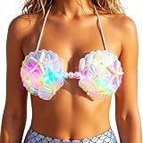 Zoestar Light Up Mermaid Bra Top Glow Seashell Starfish Bikini Tops Summer Beach LED Bra for Women
