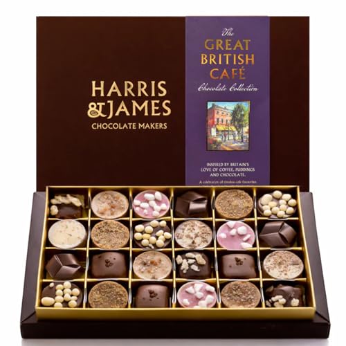 Harris & James Great British Café 24 Piece Chocolates Gift Box. Handmade Luxury Chocolates - A Celebration Of Timeless Café Favourites From Silky Lattes To Classic Desserts.