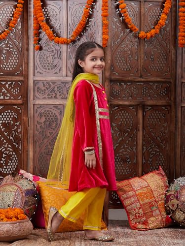 Image of Pspeaches Girls Ethnic Green & Pink Velvet Full Sleeves Solid Kurta and Pant with Dupatta 3 Piece Set