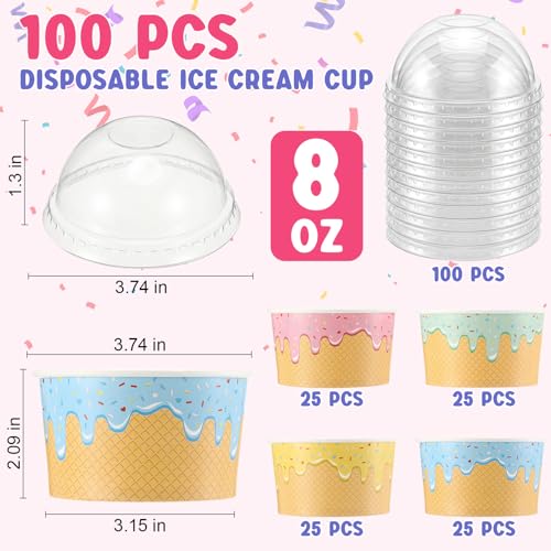Image of Jingmore 100 Count Paper Ice Cream Cups with Clear Dome Lids Disposable Dessert Cups Bulk Dessert Bowls Sundae Containers for Snack Yogurt Soup Birthday Ice Cream Party Supplies (8 oz)