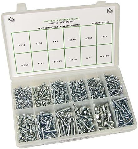 NEF Self Drilling Tek Screw Assortment, Hex Washer Head Screws, 250 Pieces with Plastic Storage Organizer