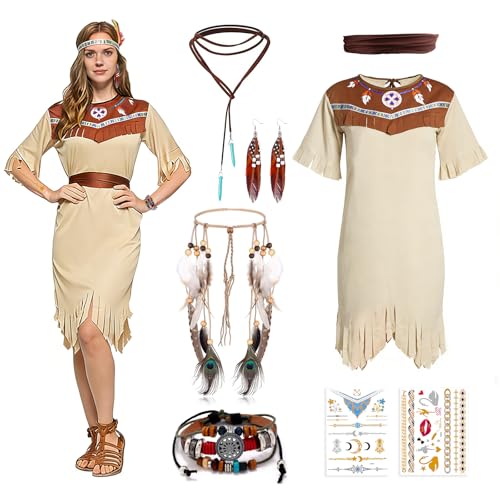 ZJKUBOIS Indianer Kostüm Damen,Kostüm Indianer Damen Set 7 Stück mit Indianer Kopfschmuck,Tattoos,Stirnband, Damenkleid,Indianerkostüm Für...