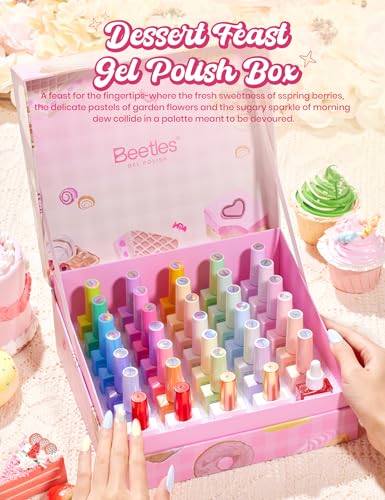 Image of beetles Gel Polish Set, Dessert Feast 30 Colors Hema-Free | Glitter Jelly Nude Pink White Yellow Green Pastel Colors Gel Polish, with Base Top Coat Swatch Card Uv LED Lamp Gel Gifts