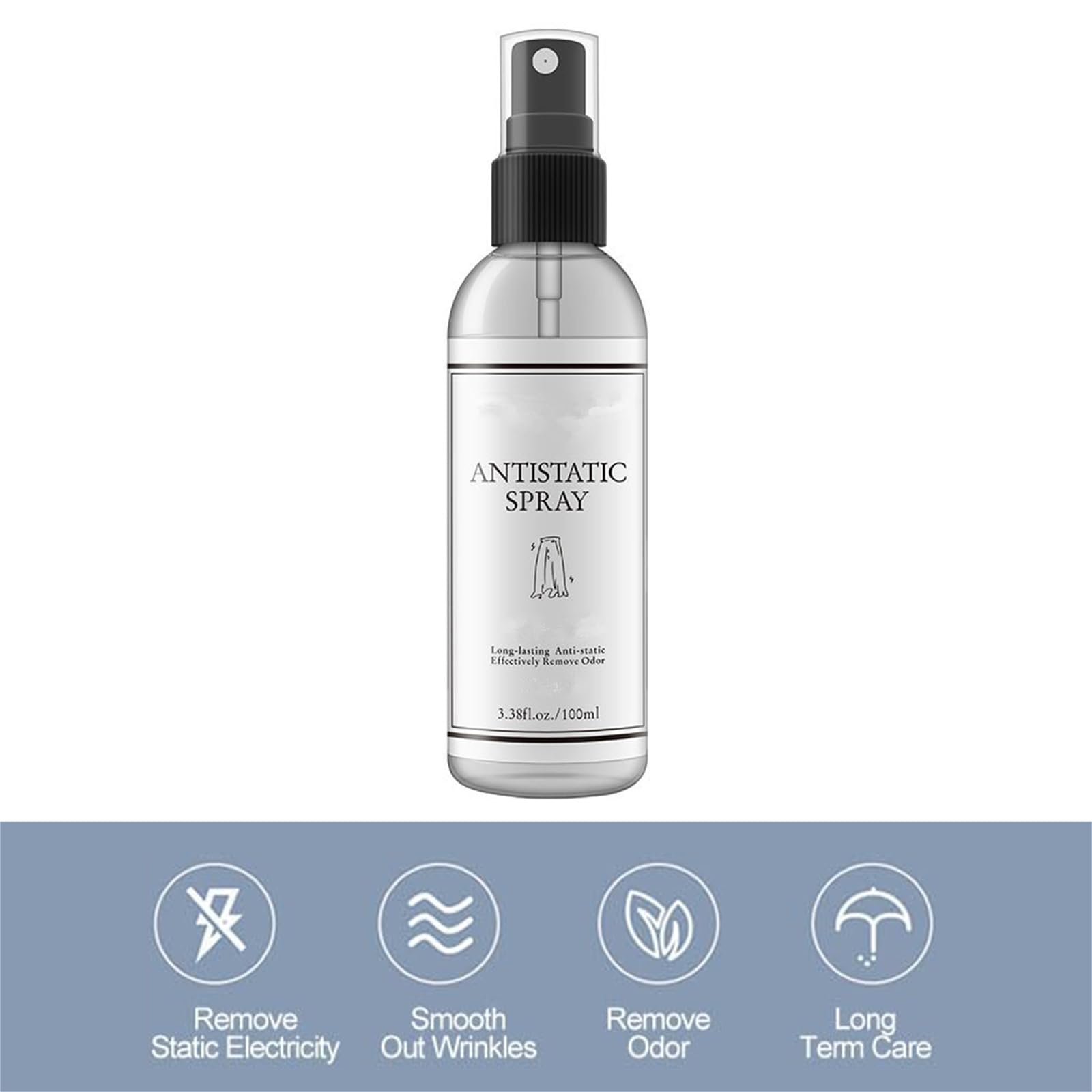 Spray Antistatico,Anti Static Spray,Antistatico per Tessuti,per Vestiti e Auto,Vestiti,Tessuti E Automobili,Effetto Anti Statico Rapido,100ml