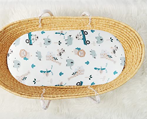 Image of Bassinet Sheet Set 2 Pack Snug Fitted Cradle Fitted Sheets, Stretchy Ultra Soft, for Oval Rectangle Hourglass Bassinet Mattress, Unisex Boy Girl, Tiger Elephant & Fox
