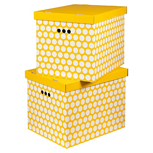 Cardboard Storage Boxes with Lid, Decorative Wardrobe, Closet, Home & Office Organiser with Handle, Flat-Packed, Stackable File Box, Gift for Adults & Kids, Set of 2, XLarge - Mustard White Dots