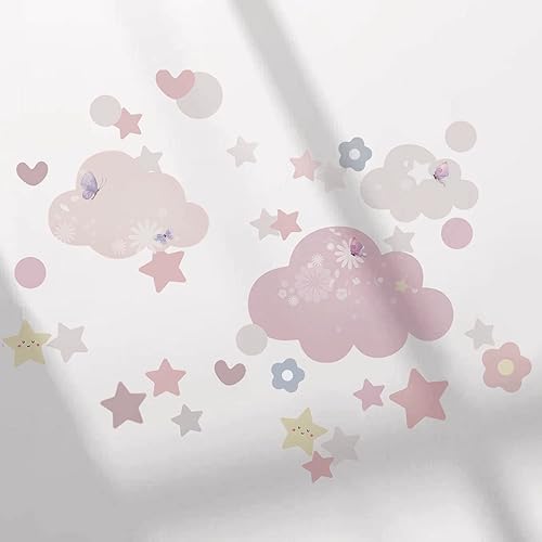 Miniatura 5 de Calcomanía de pared de tela, calcomanías de pared de estrellas bohemias, nubes, acuarela pastel luna flor calcomanía para pared corazón calcomanías