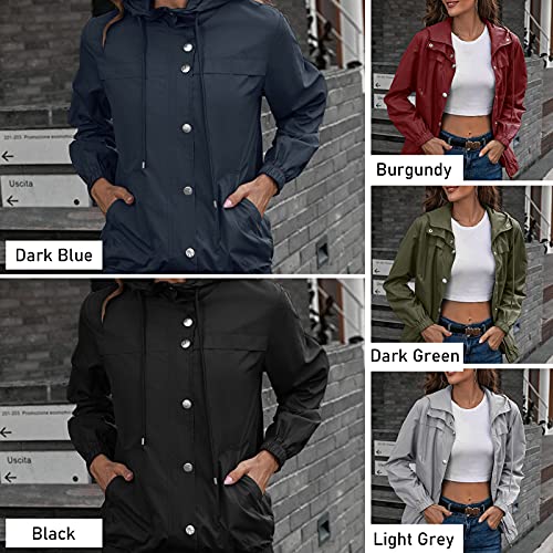 Capa de chuva feminina com capuz com botão elástico manguito bolsos laterais Jaqueta impermeável Cas