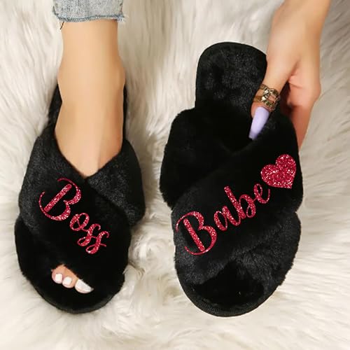 Fluffy Women Slippers, Boss Babe Gifts for Women, Mothers Day Slippers, Cozy Mom Gifts2