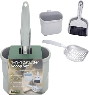 4-in-1 Cat Litter Scoop with Holder, Cats Litter Cleanup Kit - Sweeper & Dustpan, Aluminium Kitty Litter Scooper and Storage Caddy, Heavy Duty Kitten Litter Box Cleaning Supplies