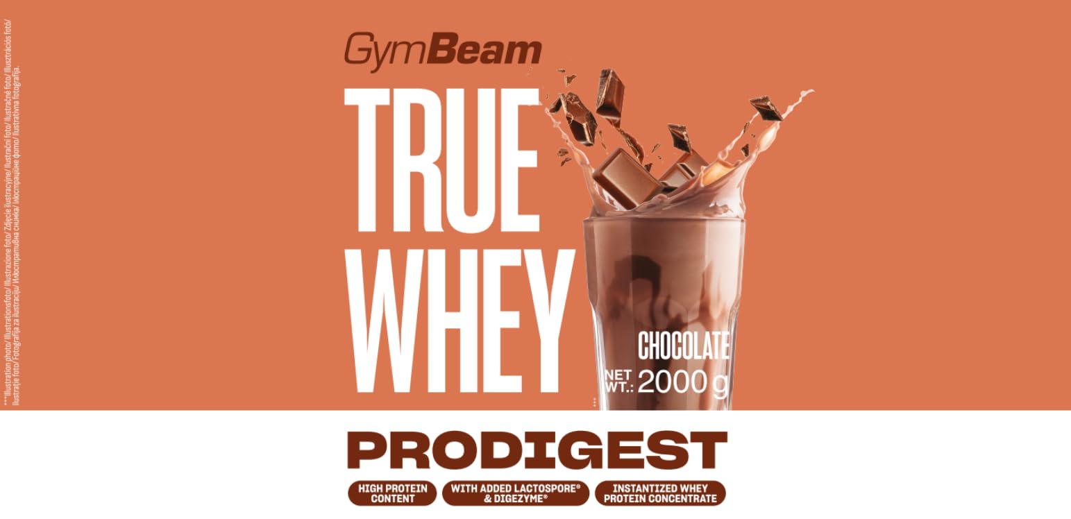 GymBeam Proteine in Polvere True Whey ProDigest - Proteine del Siero di Latte Concentrate con Enzimi Digestivi DigeZyme® e Probiotici Lactospore® - Alto Contenuto Proteico (2000 g, Cioccolato)