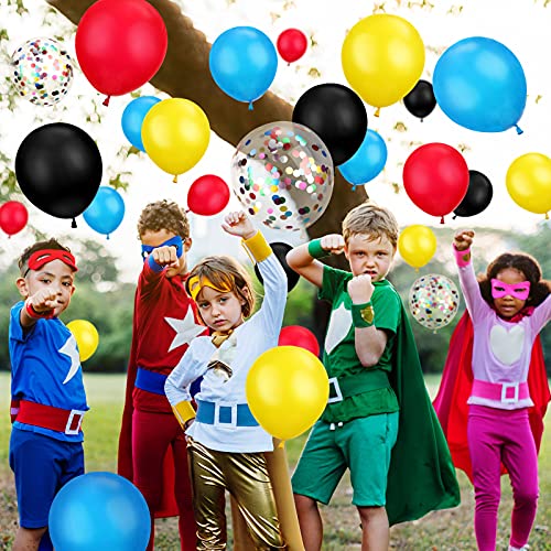 Image of 147 Pieces Hero Theme Balloon Decorations Arch Garland Kit Include Blue Red Yellow Black Balloons with Confetti Balloons and Roll Tape for Kids Birthday Party Supplies