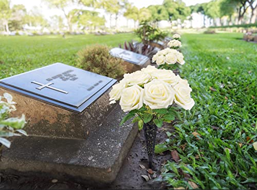 Bocola 22 Creamy White Rose Artificial Flowers With 2 Plastic Vase Cemetery Headstones Grave Decorations Human Tombstone Markers Graveside Flower Floral Holder With Drain Hole Outdoor Memorials #TOP2