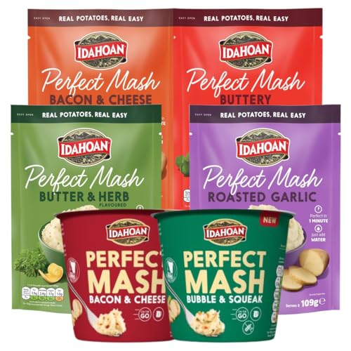 Idahoan Perfect Mash Potato Variety Pack 109g - Instant Mashed Potato Butter & Herb, Buttery, Bacon & Cheese, Roasted Garlic, Mashed Potaoes (Pack of 6, 4 Sachets & 2 Pots)