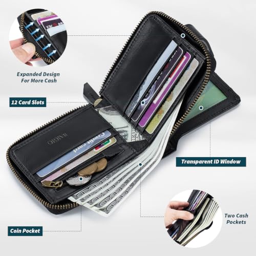Image of BAIGIO Genuine Leather Wallets for Men Multi Card Purse with Zipper Wallet Men RFID Blocking Coin Pocket (Type 2-Black)