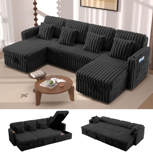 Image of 107'' Sectional Sleeper Sofa with Pull Out Bed, Storage Chaise, Adjustable Backrest, USB Charger, Cup Holder & Side Pocket, Fluffy Soft Corduroy U Shaped Couch for Living Room, Black